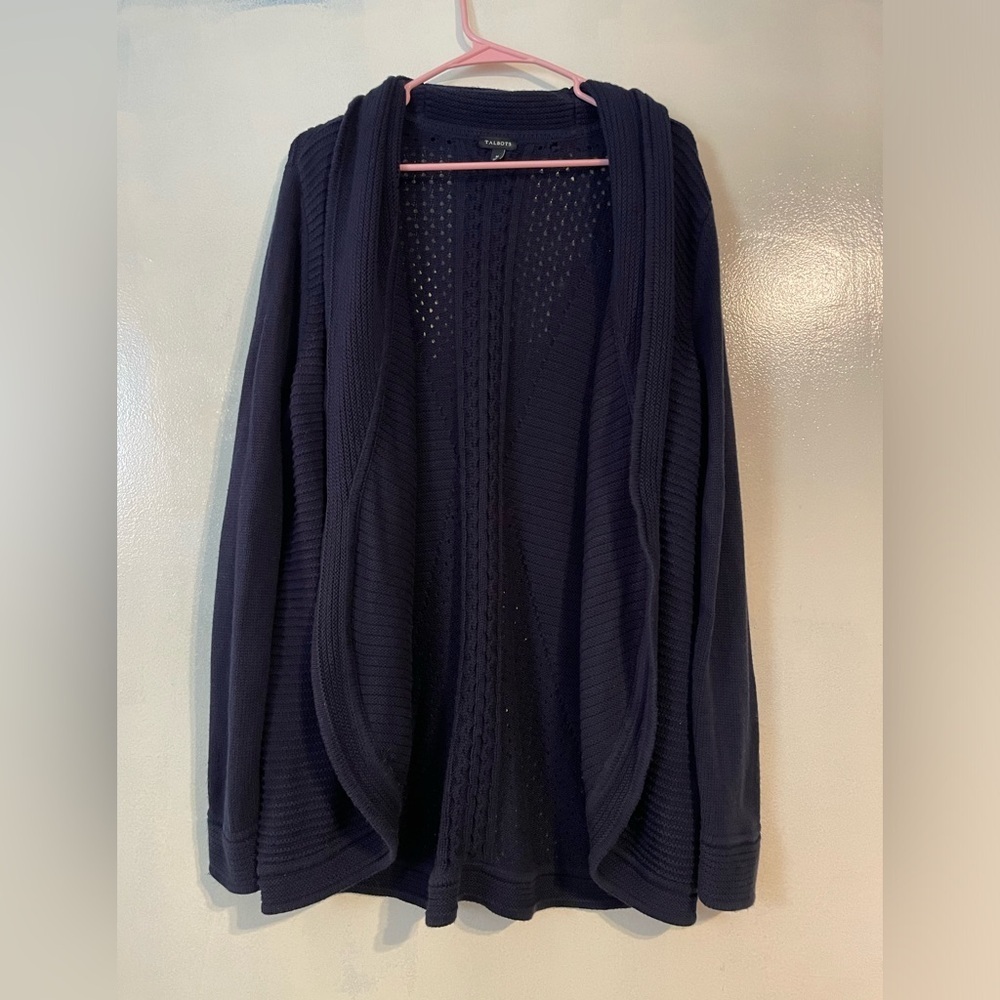 Talbots thick open knit cardigan size M heavy cotton blend cowl neck academia